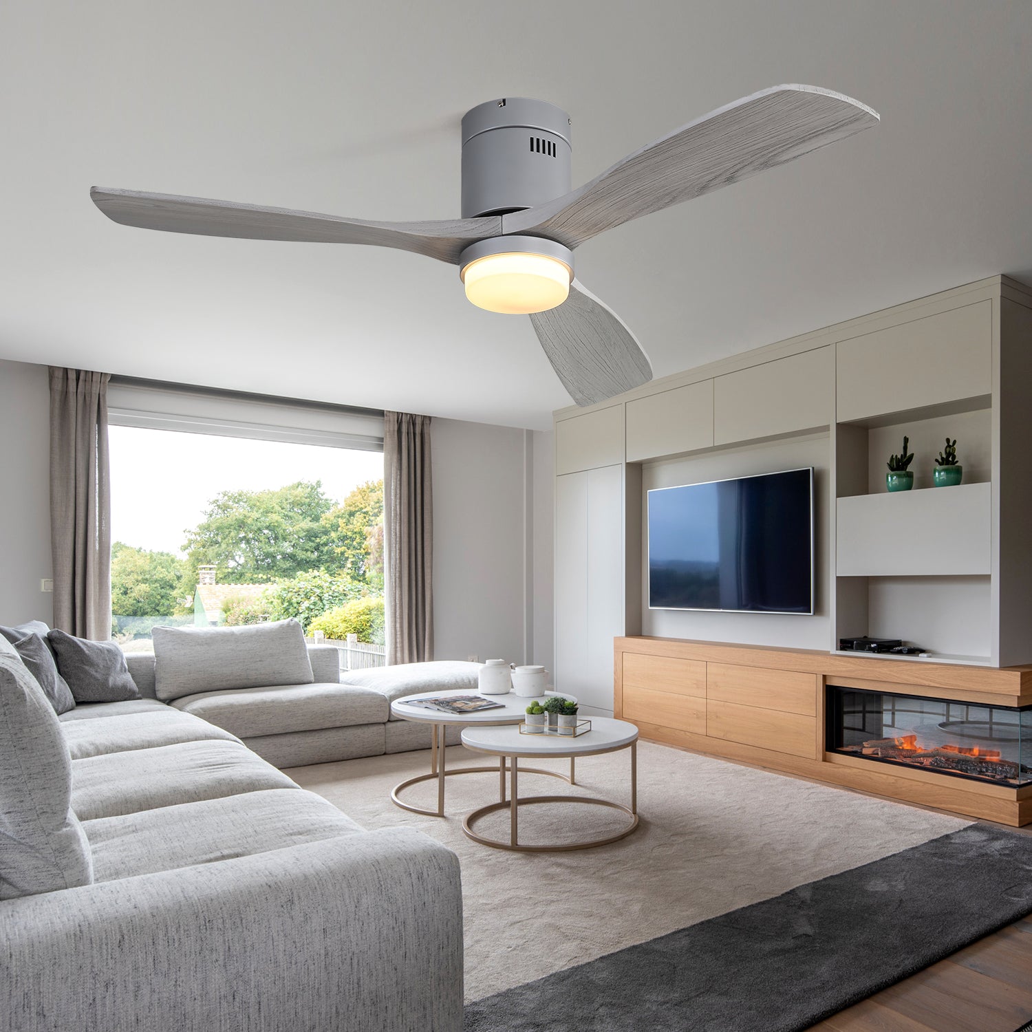Modern gray ceiling fan with weathered wood blades and integrated LED light