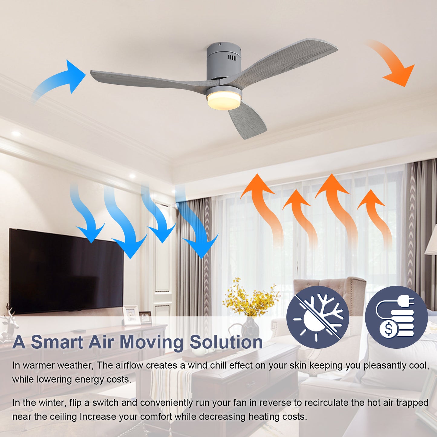 Modern gray ceiling fan with integrated light creating a cool airflow
