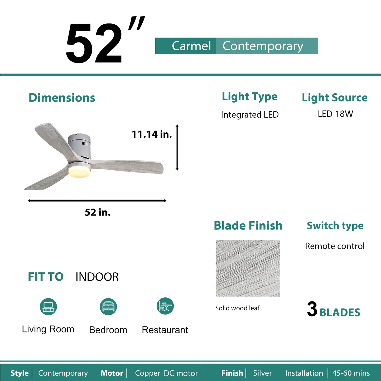 inch Carmel contemporary ceiling fan with integrated LED light and silver finish