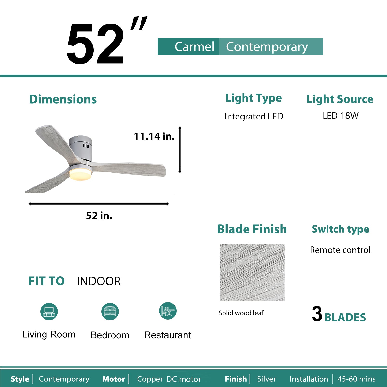inch Carmel contemporary ceiling fan with integrated LED light and silver finish