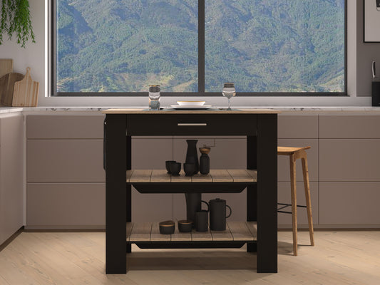 Black modern kitchen island with wooden shelves and a drawer