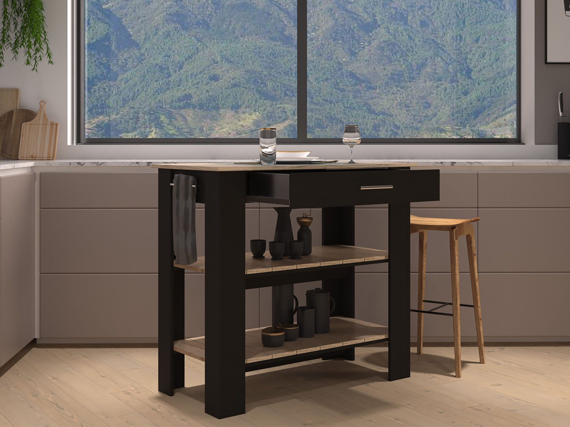 Black kitchen island with natural wood shelves and a single drawer