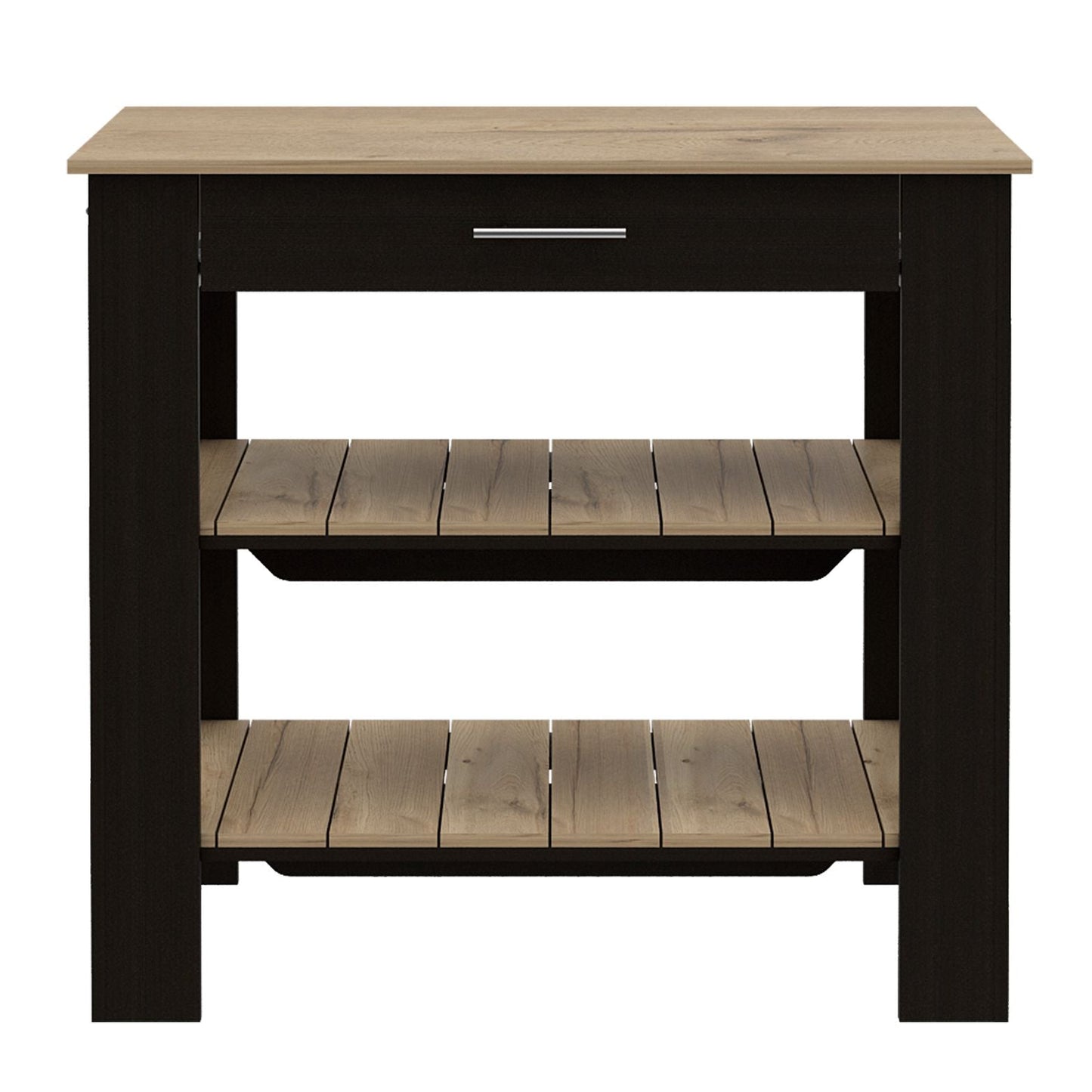 Black and oak wood kitchen island with open shelves
