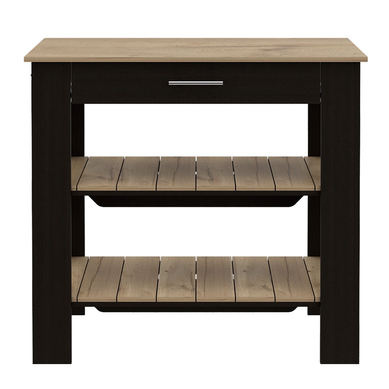 Black and oak wood kitchen island with open shelves