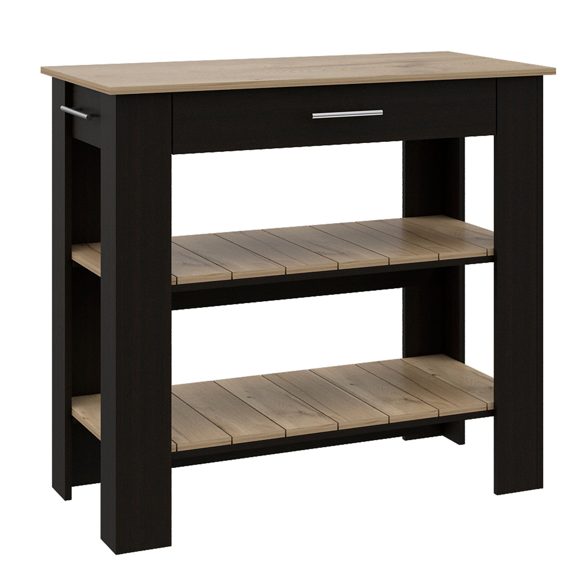 Dark brown and light oak kitchen island with one drawer and two slatted shelves