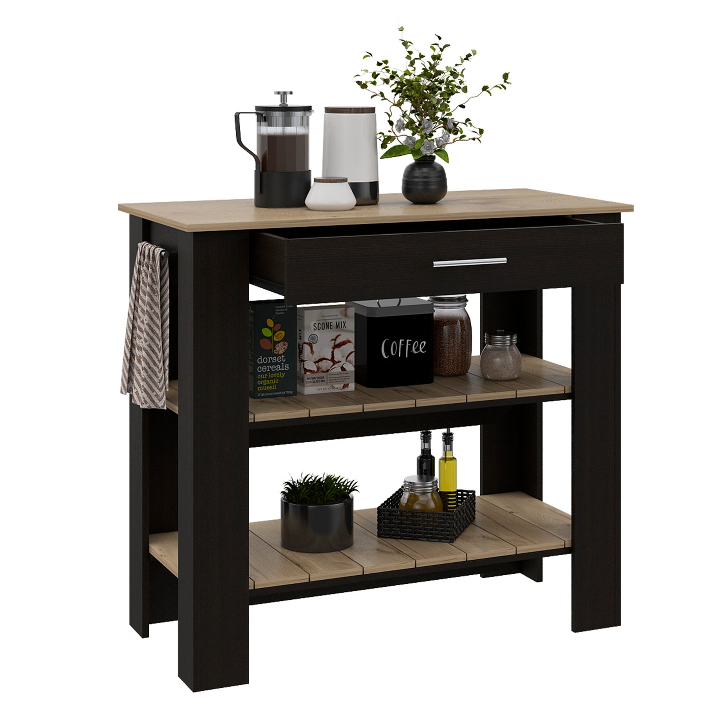 Dark wood and oak kitchen cart with drawer and open shelving