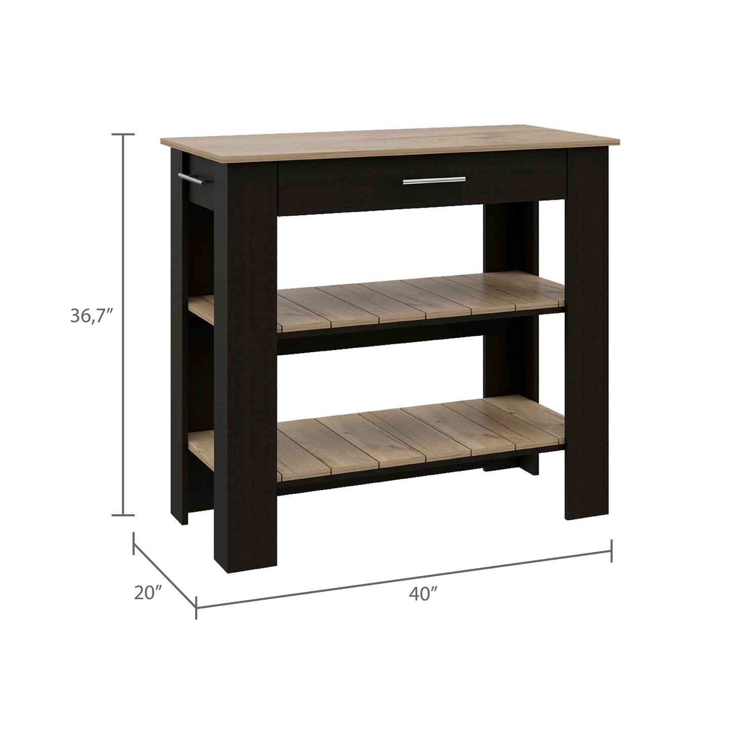 Black and light wood kitchen island with one drawer and two open shelves