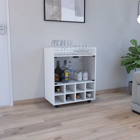 White bar cart with wine rack and glass holder
