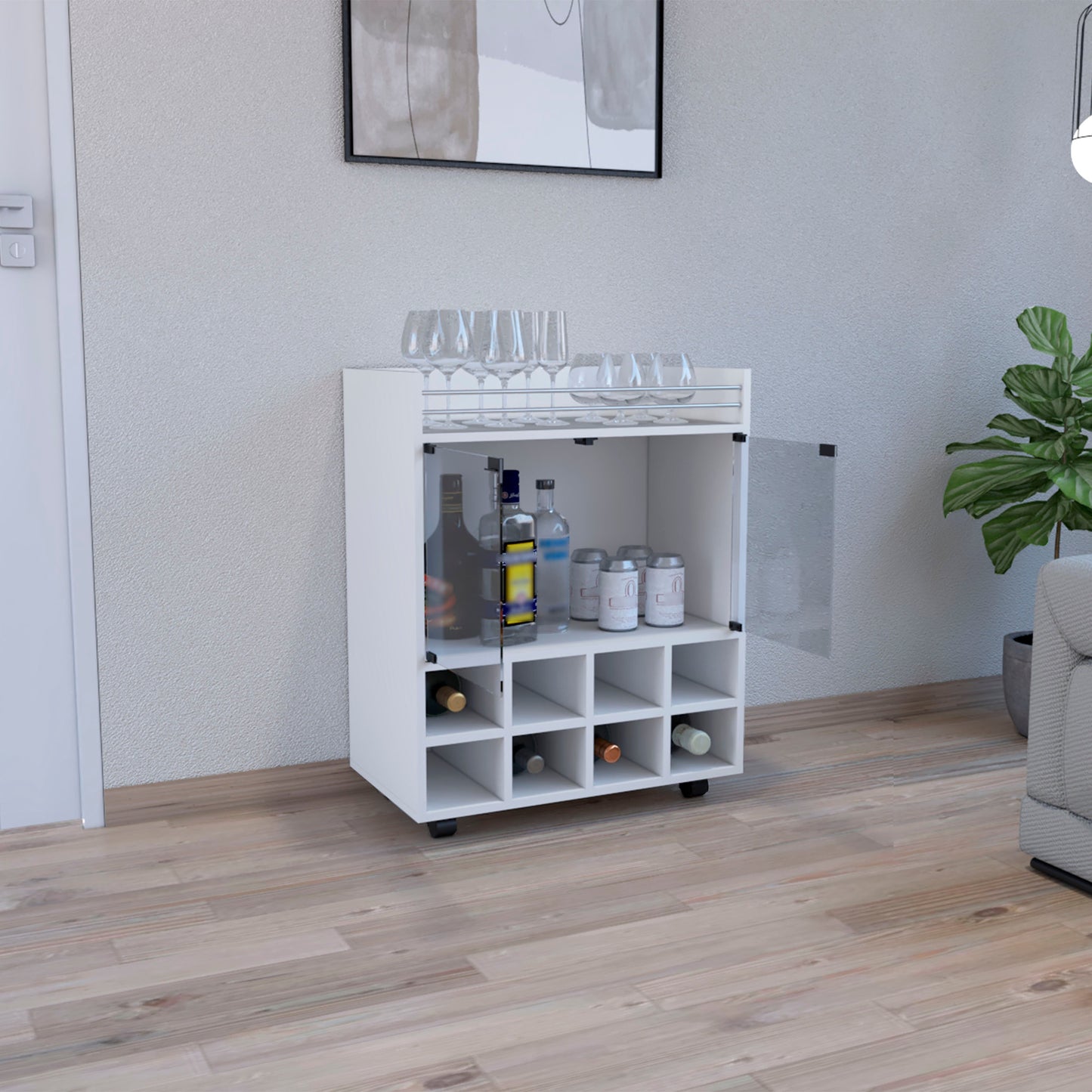 White mobile bar cart with wine racks and glasses