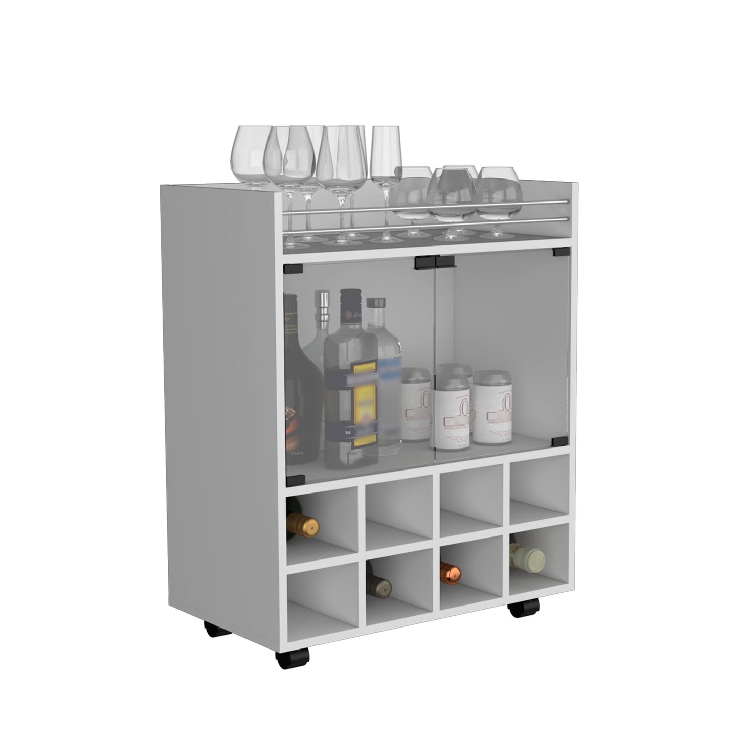 White rolling bar cart with wine rack and glass storage