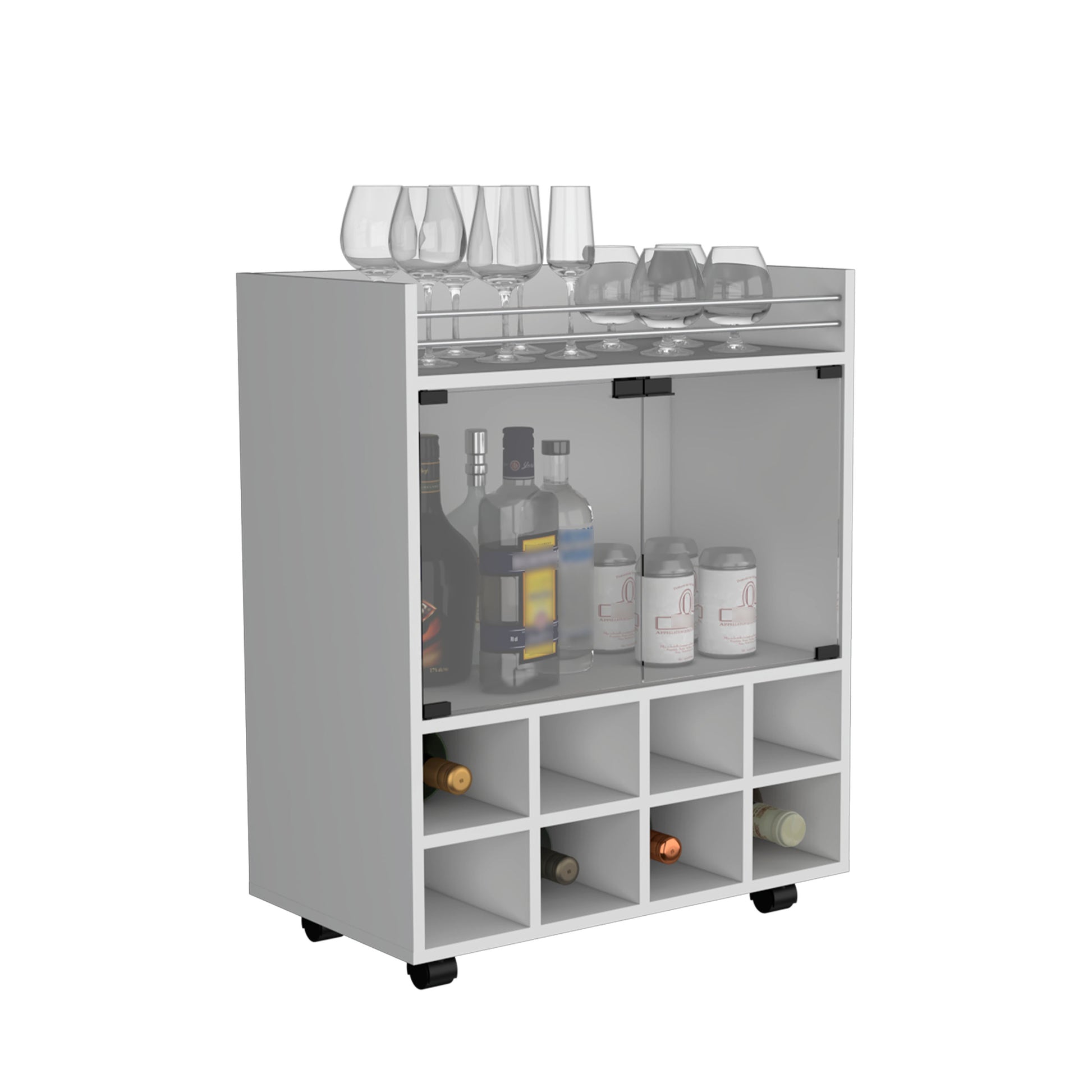 White rolling bar cart with wine rack and glass storage