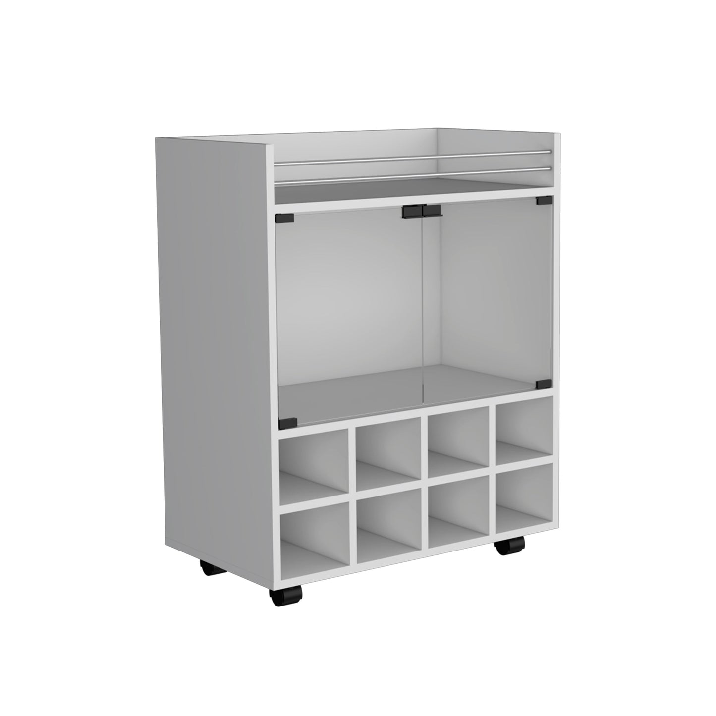 White rolling bar cart with glass door and  cube wine rack