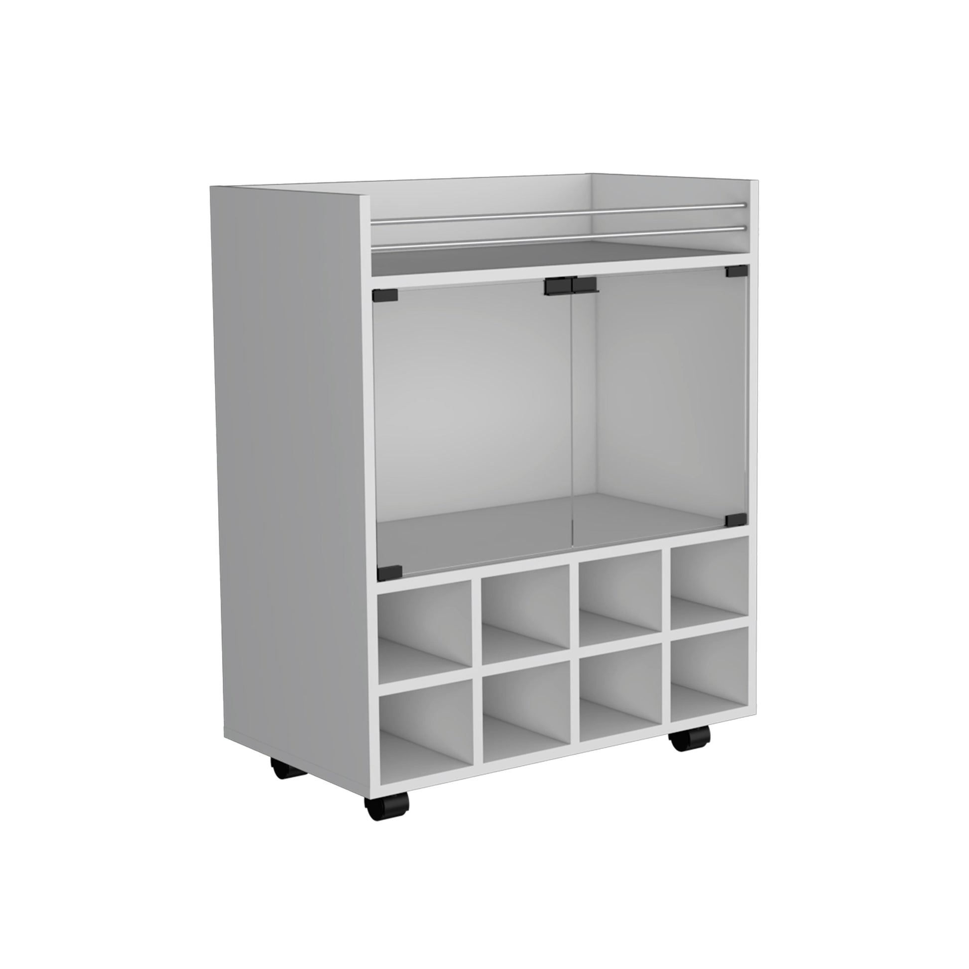 White rolling bar cart with glass door and  cube wine rack
