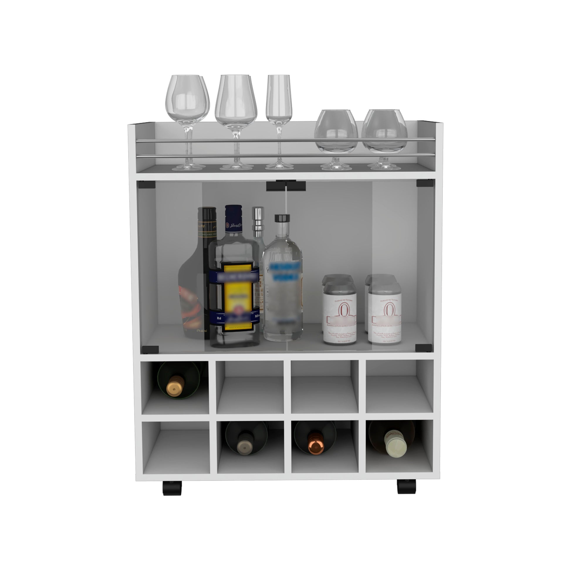 White modern bar cart with stemware rack and wine bottle cubbies