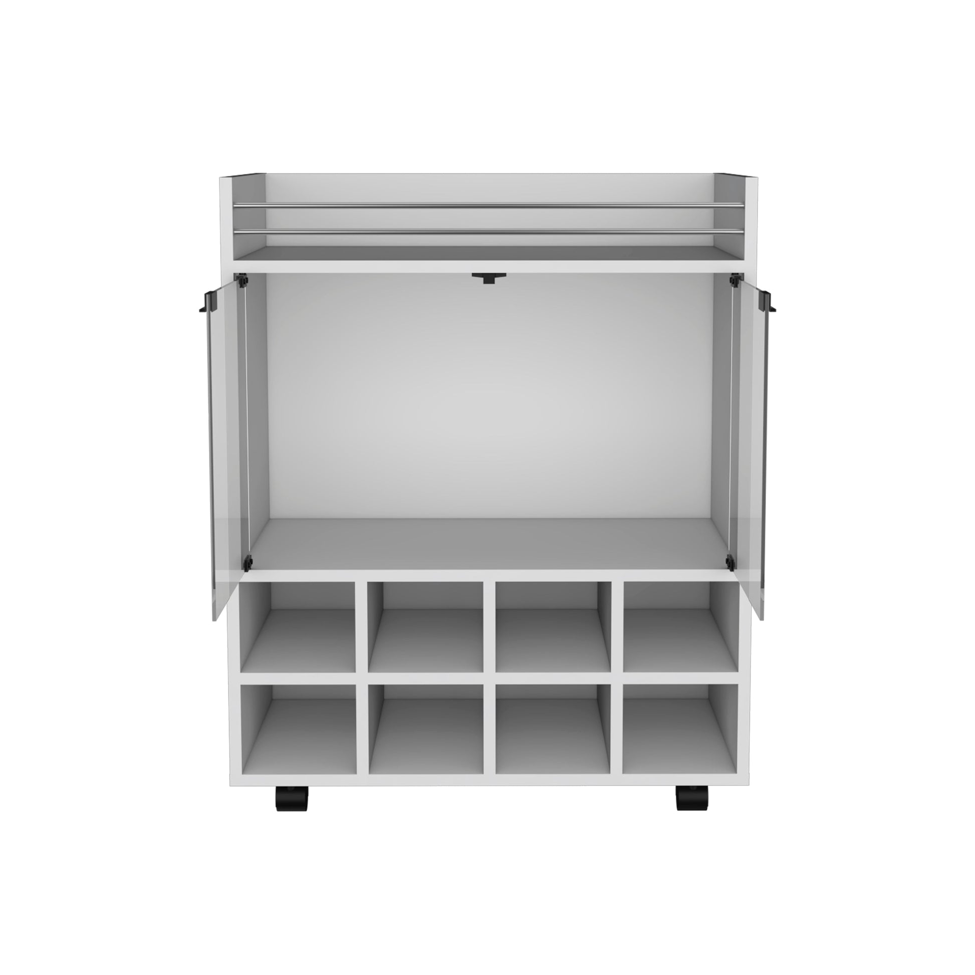 Modern white bar cabinet with glass doors and eight lower cubbies for wine bottles