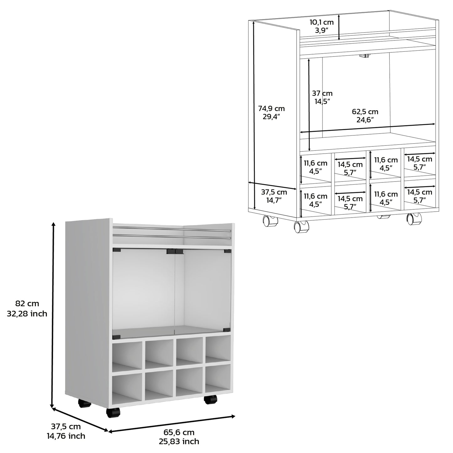 White rolling bar cart with wine rack shelves and glass door