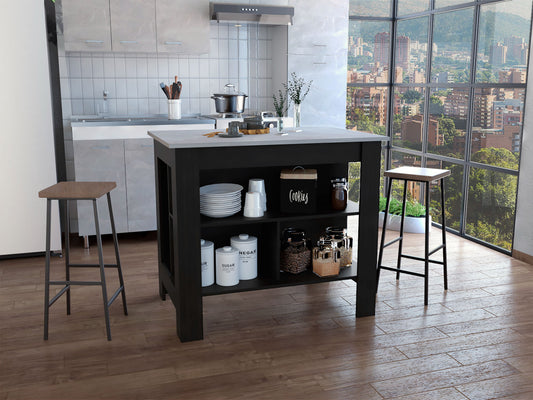 Black kitchen island with open shelving and gray countertop
