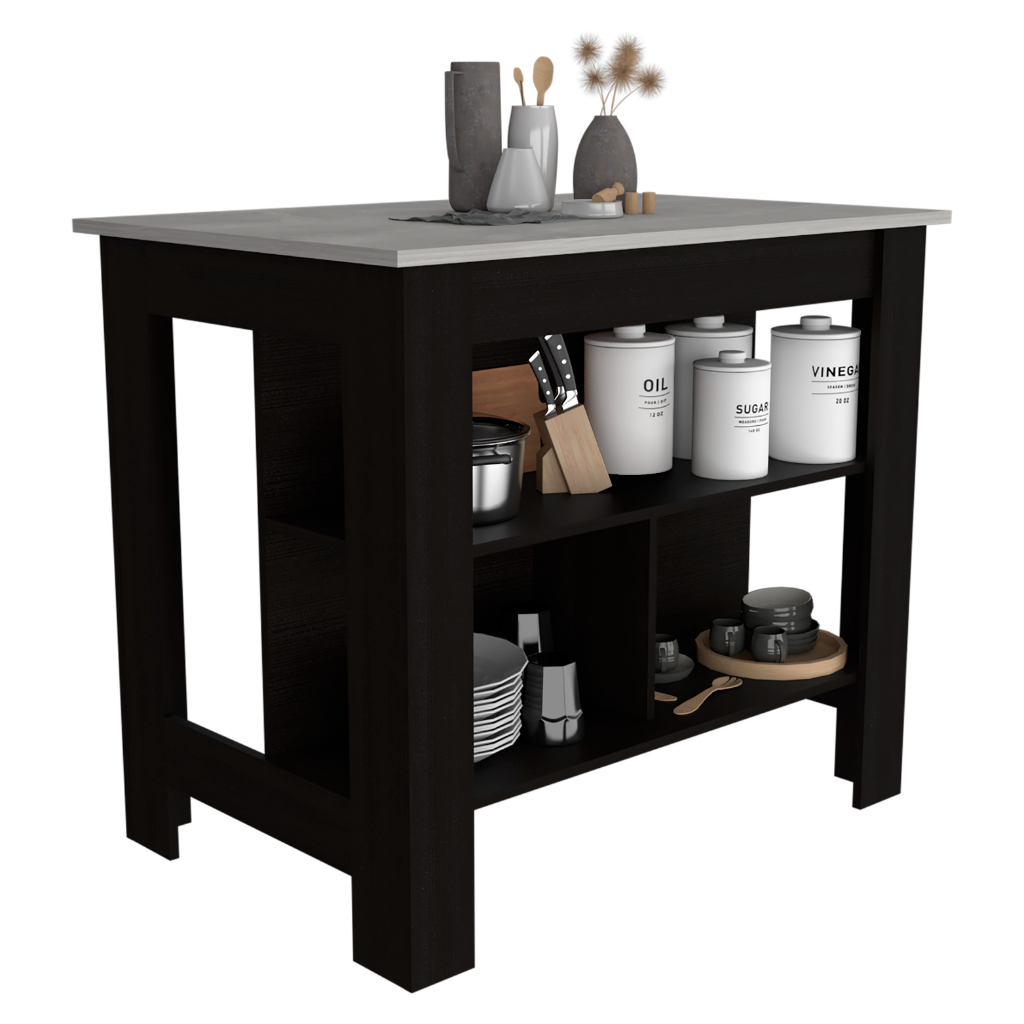 Dark wood kitchen island with white countertop and storage shelves