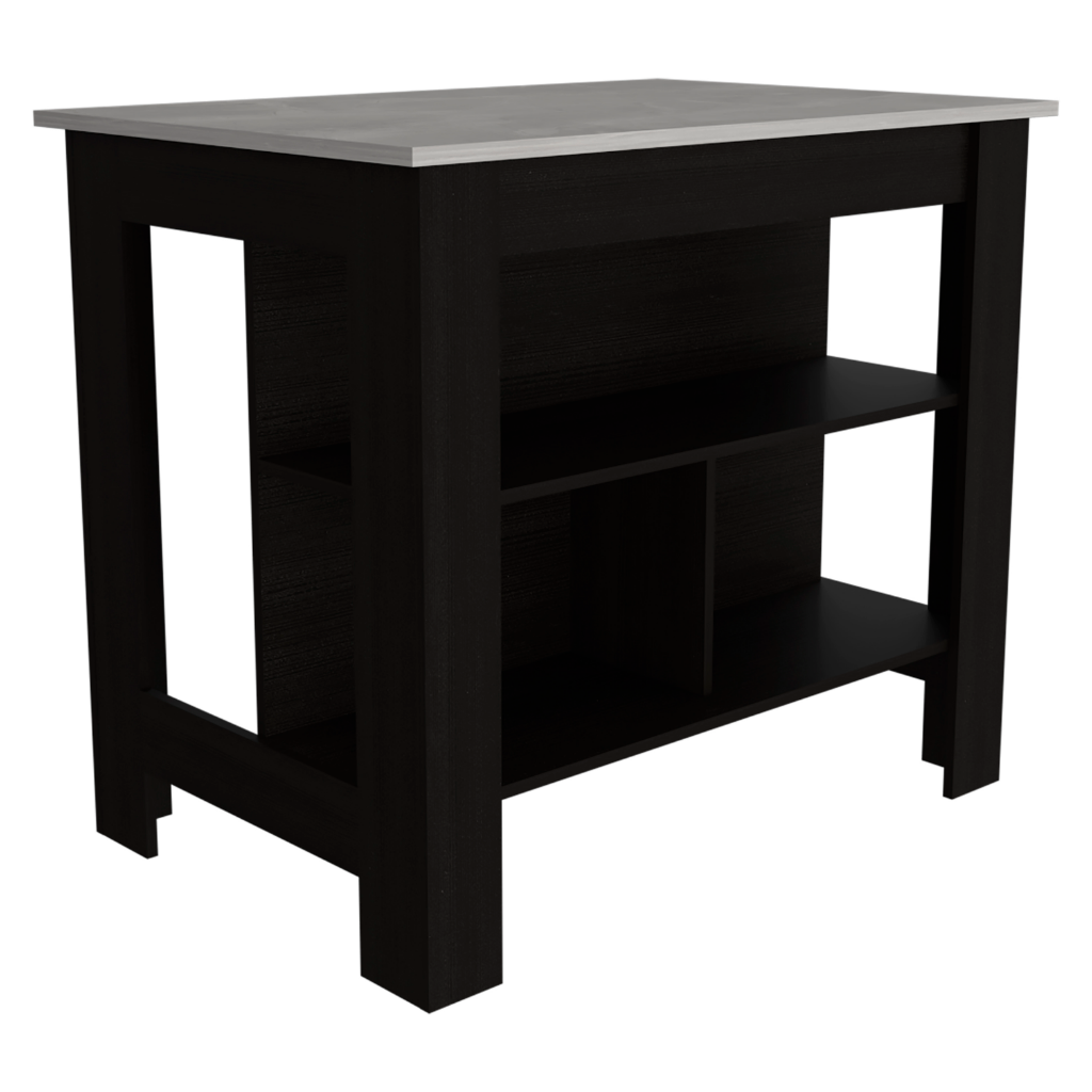 Black kitchen island with gray countertop and open shelving