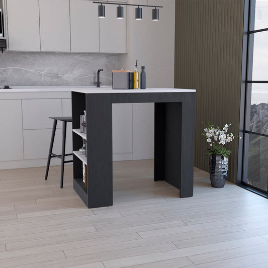 Dark gray kitchen island with white top and open shelves