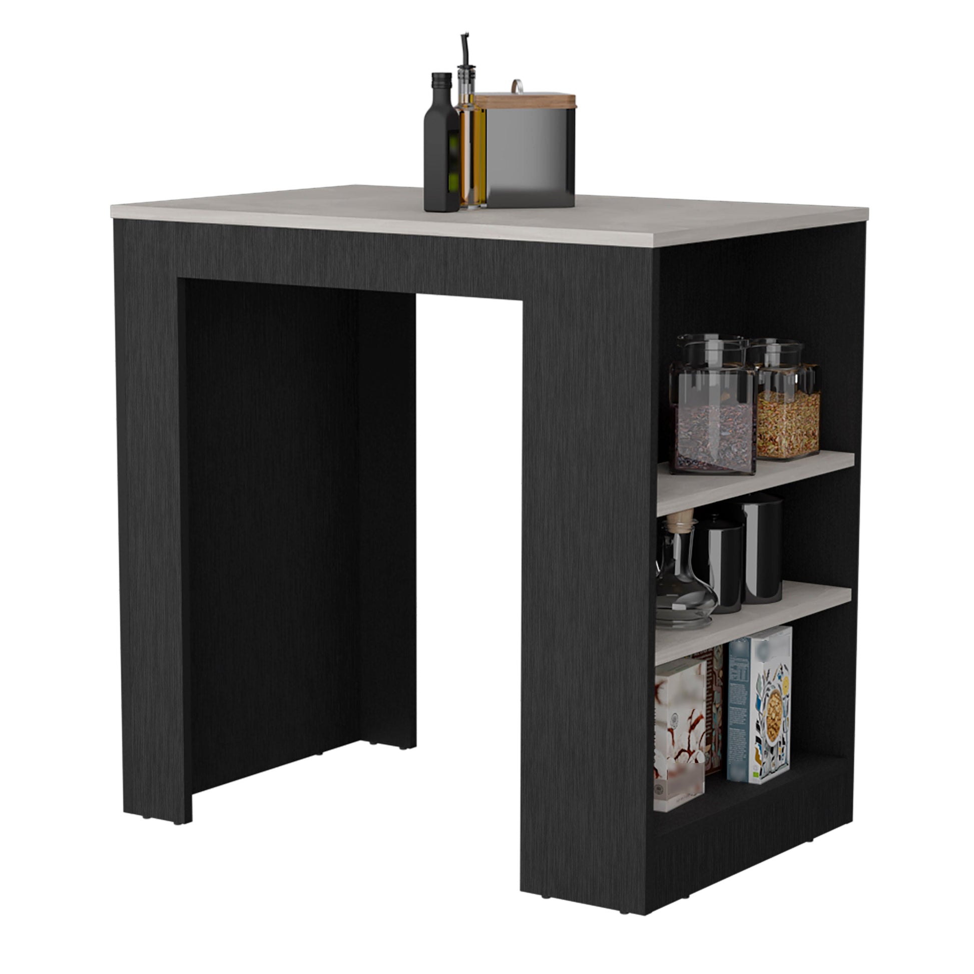 Black wood grain kitchen island with open shelving