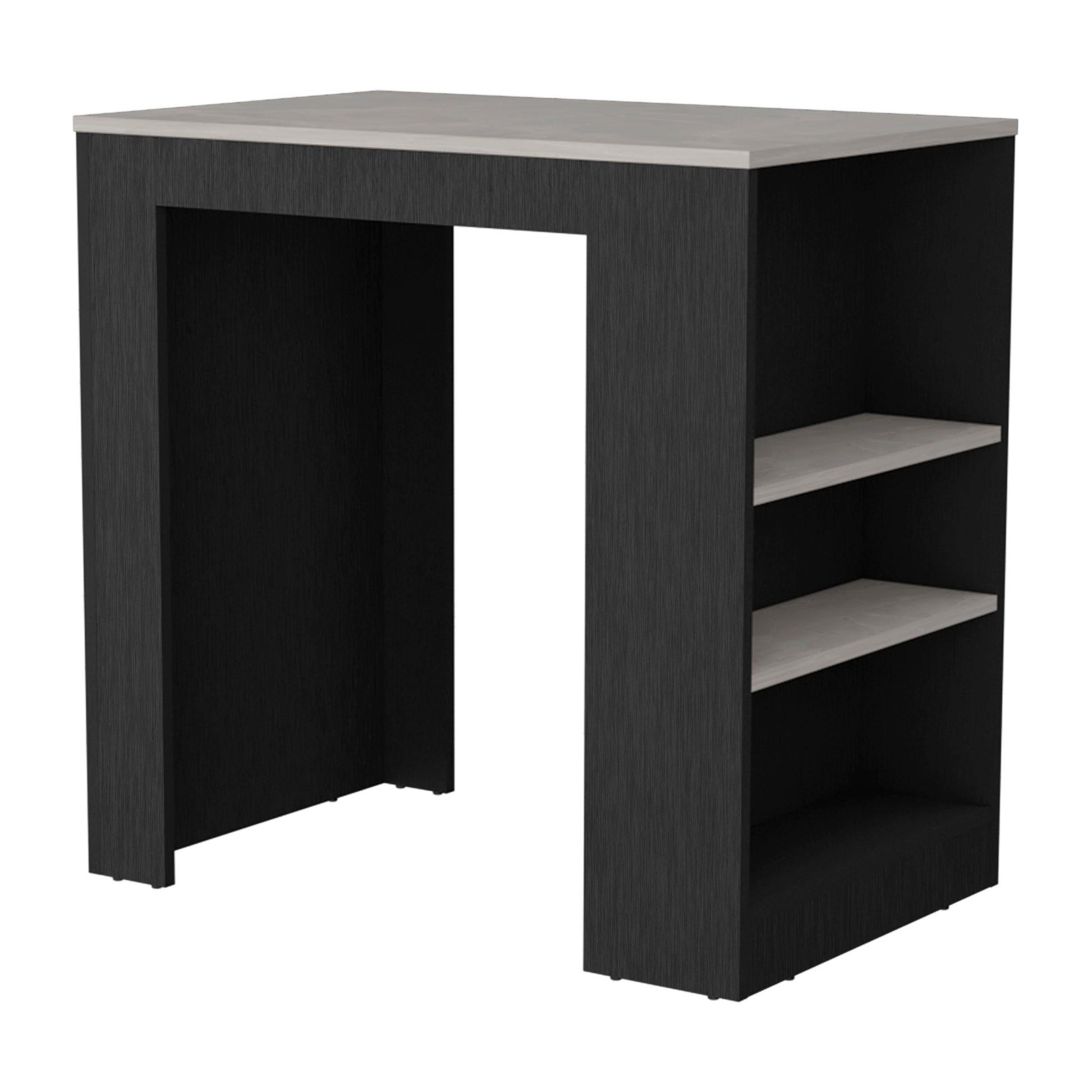 Dark wood console table with open shelving and modern design