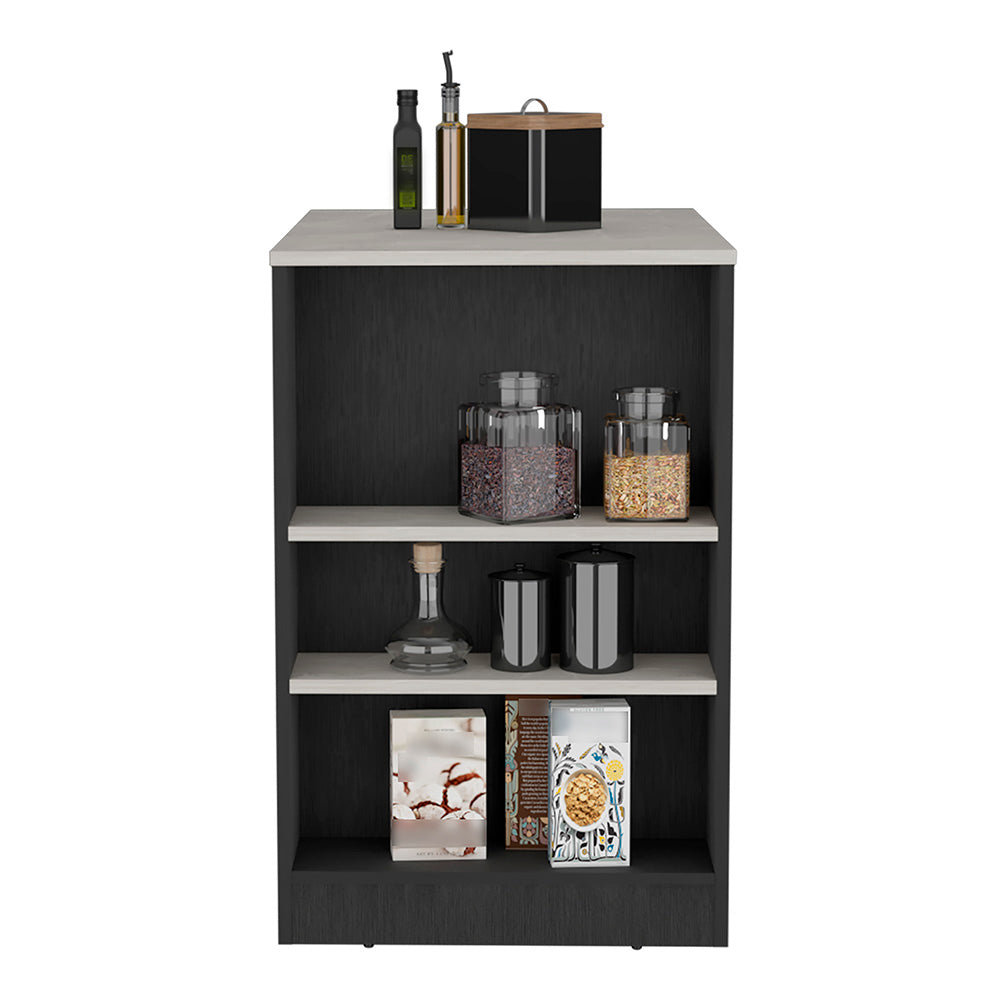 Modern black and white shelving unit with kitchenware