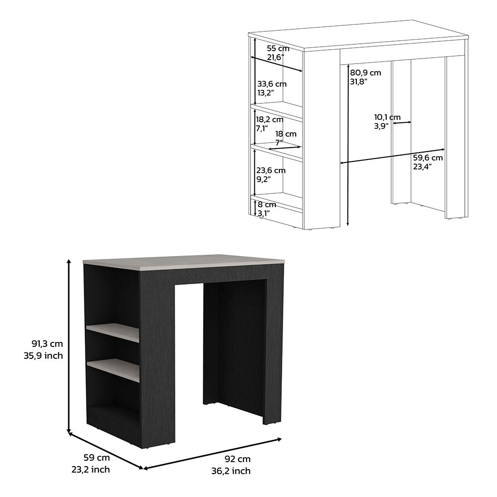 Dark wood bar table with three shelves on the left and open space on the right Overall dimensions xx cm