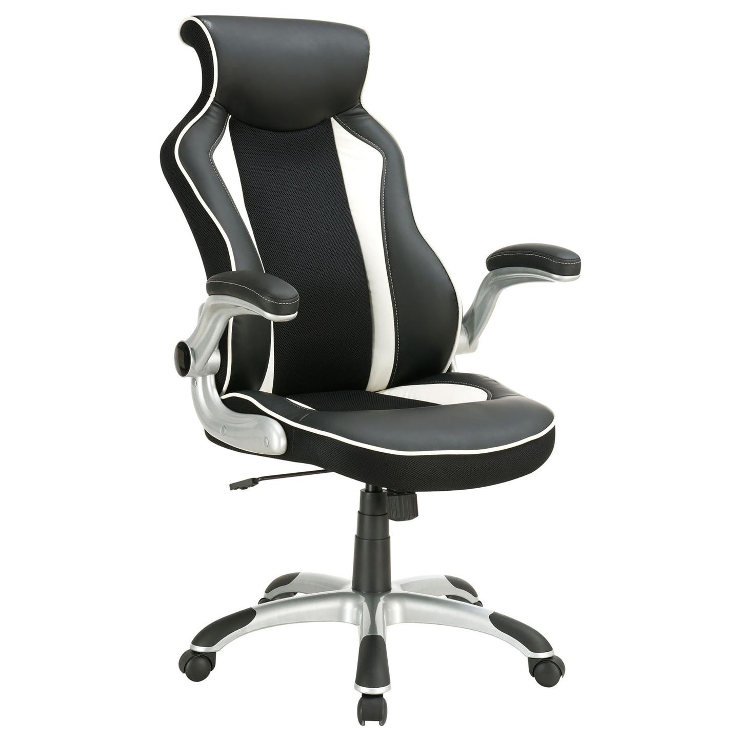 Black and white racing chair with mesh back and faux leather accents for gaming