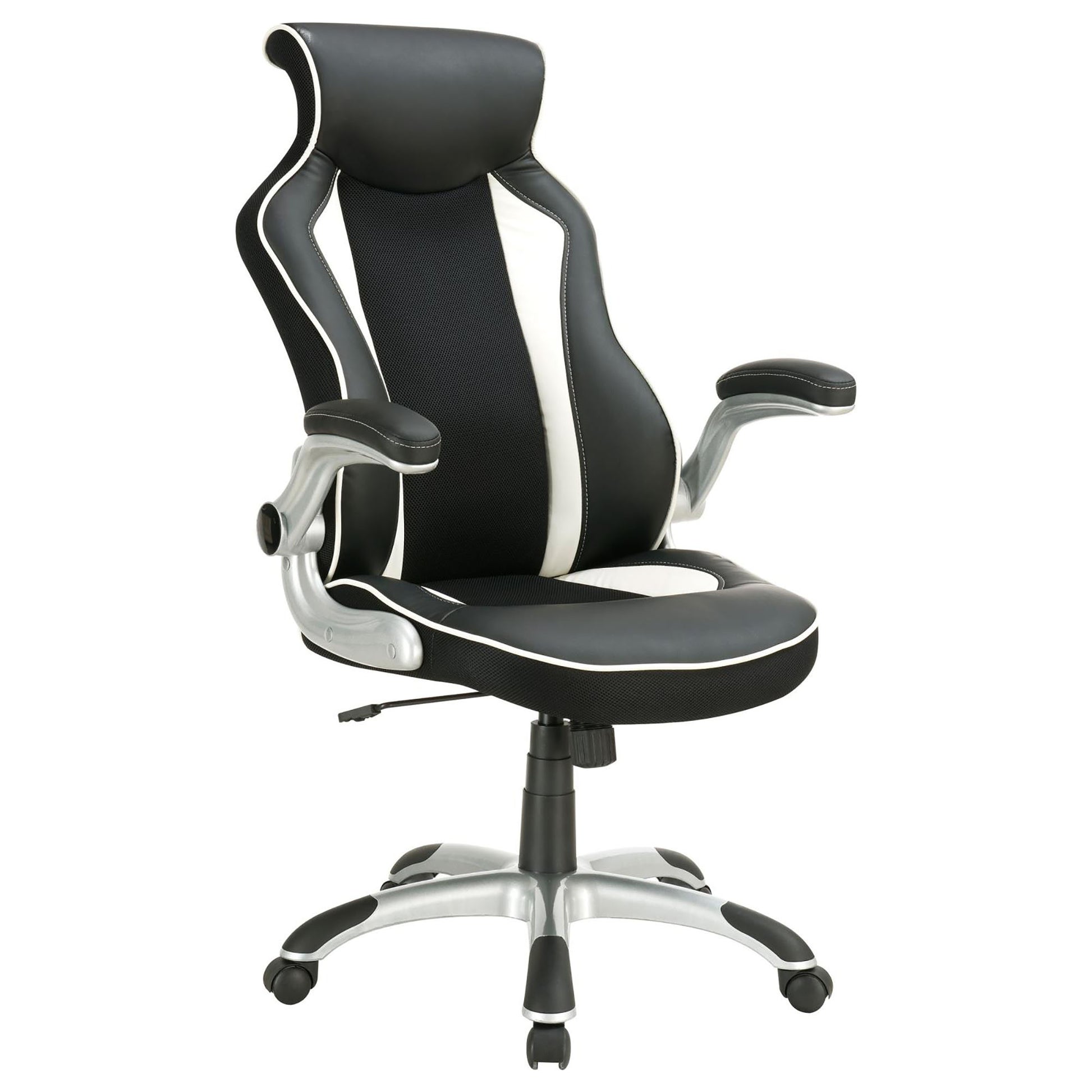 Black and white racing chair with mesh back and faux leather accents for gaming
