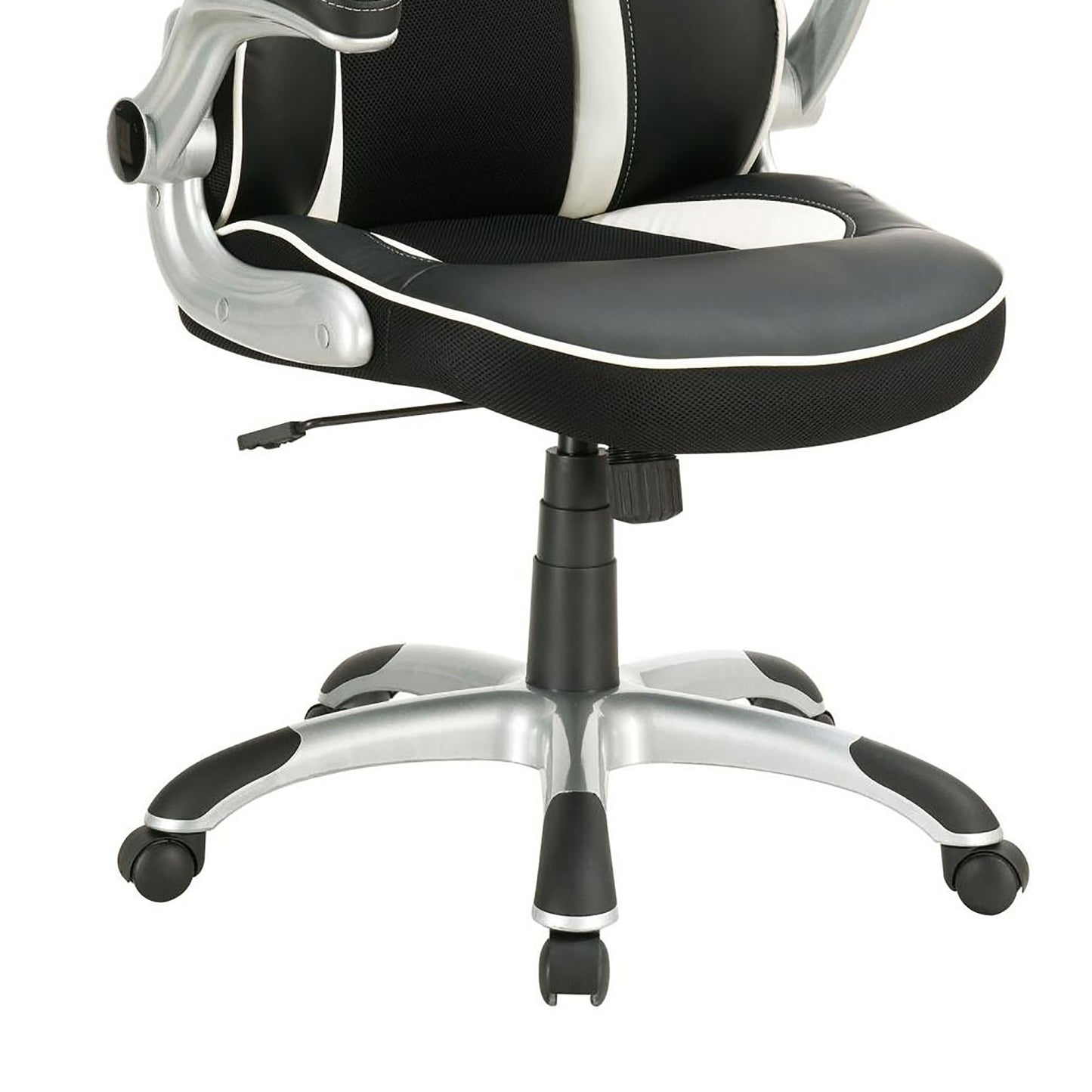 Ergonomic office chair in black and white with silver accents adjustable height and casters for smooth mobility