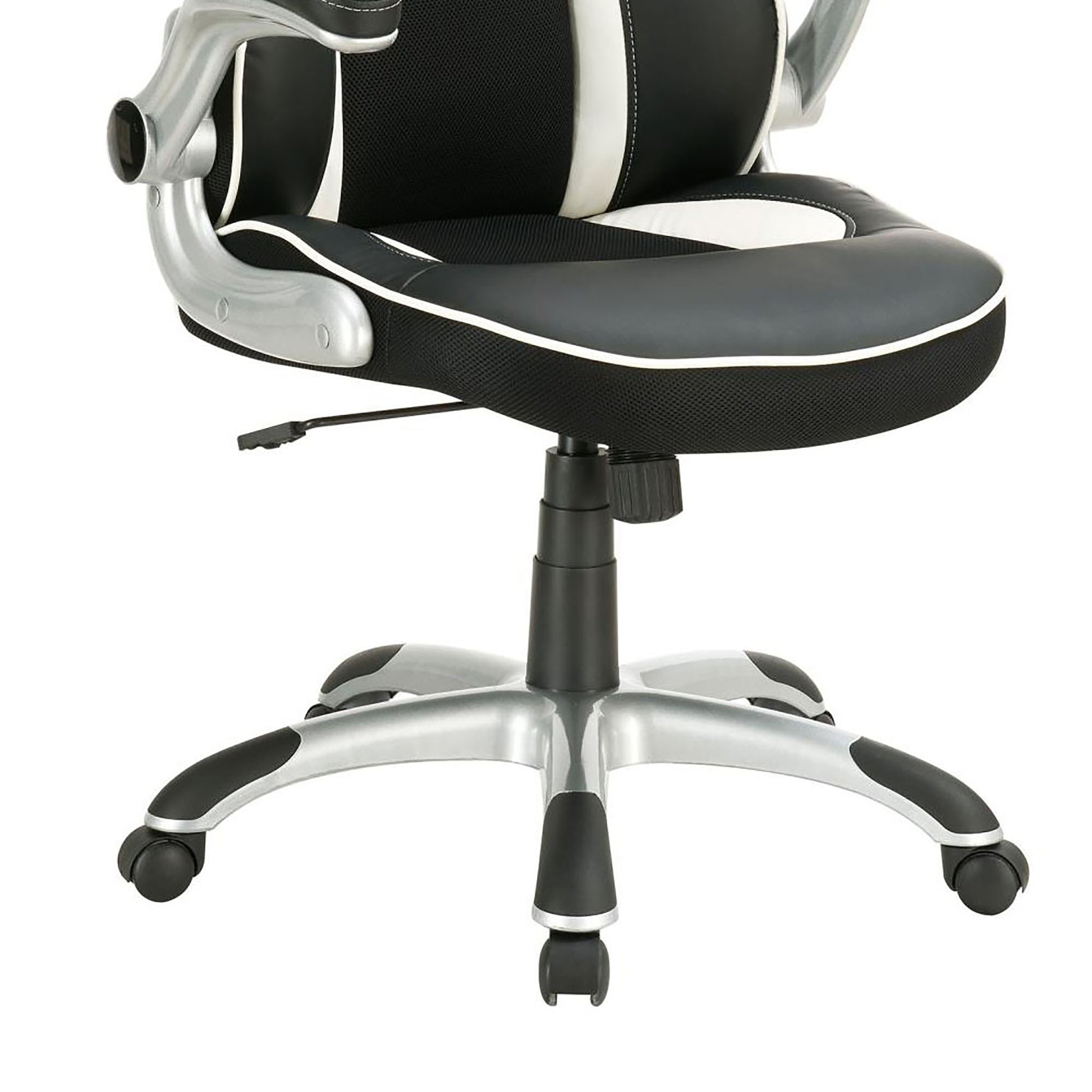 Ergonomic office chair in black and white with silver accents adjustable height and casters for smooth mobility