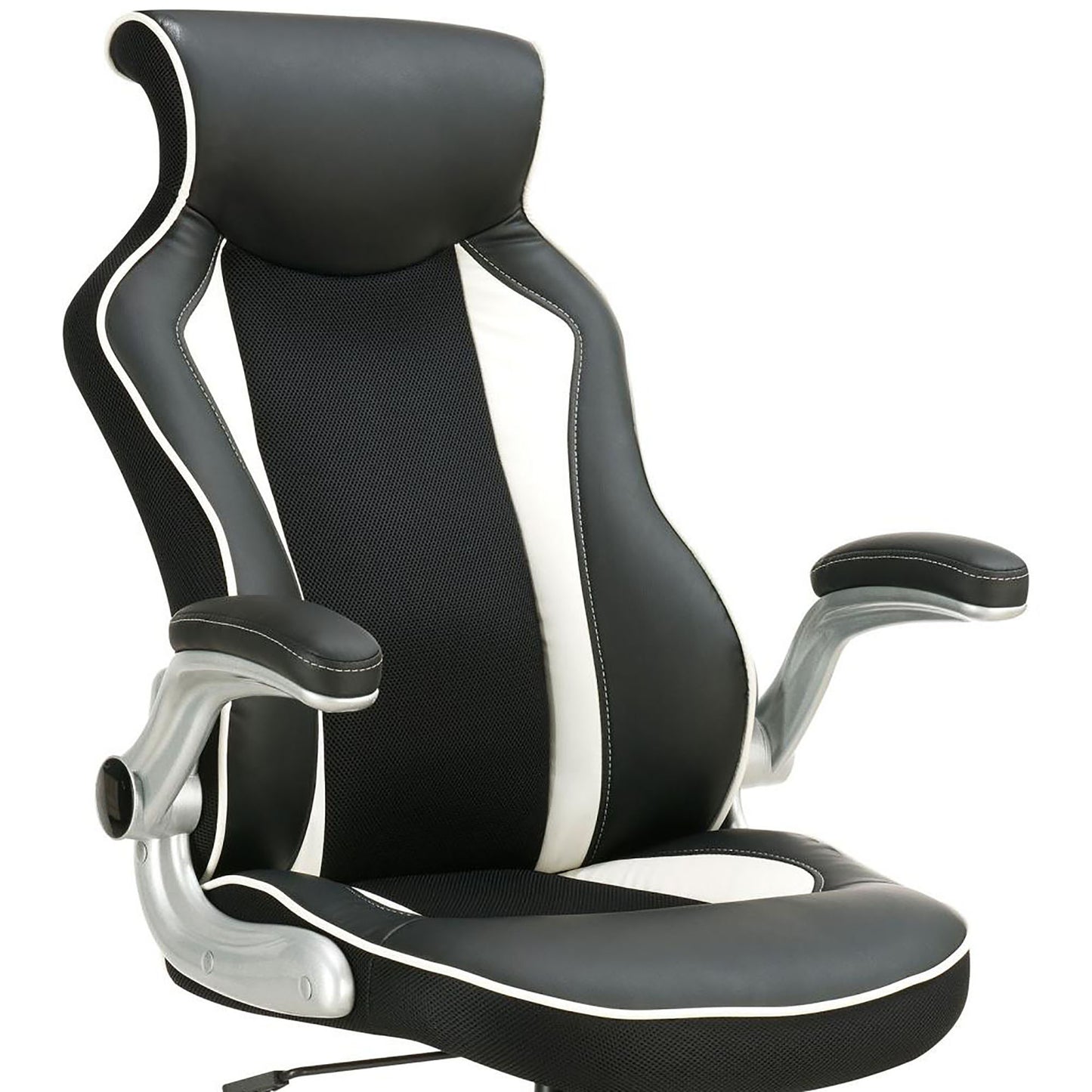 Black and white gaming chair with adjustable armrests and lumbar support