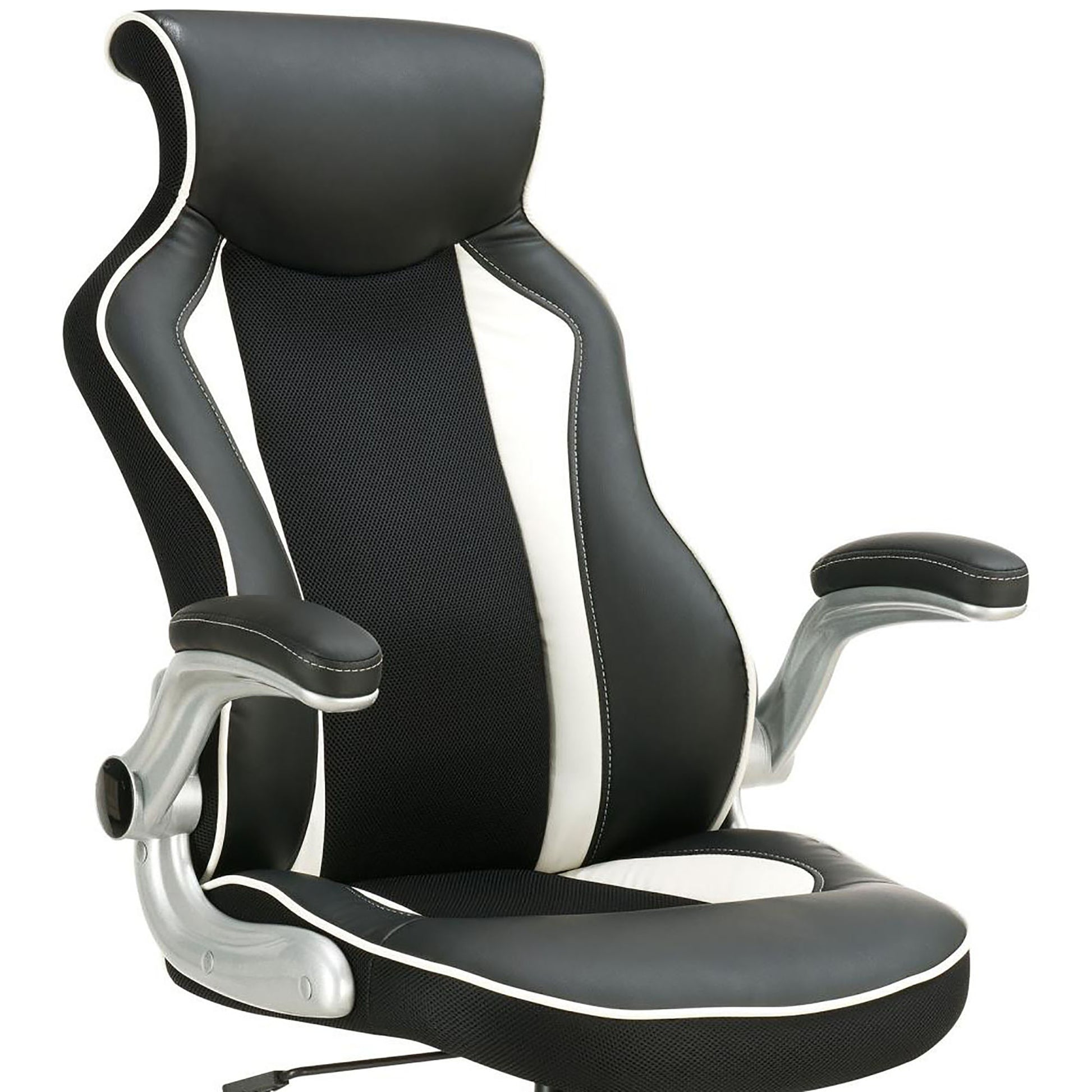 Black and white gaming chair with adjustable armrests and lumbar support