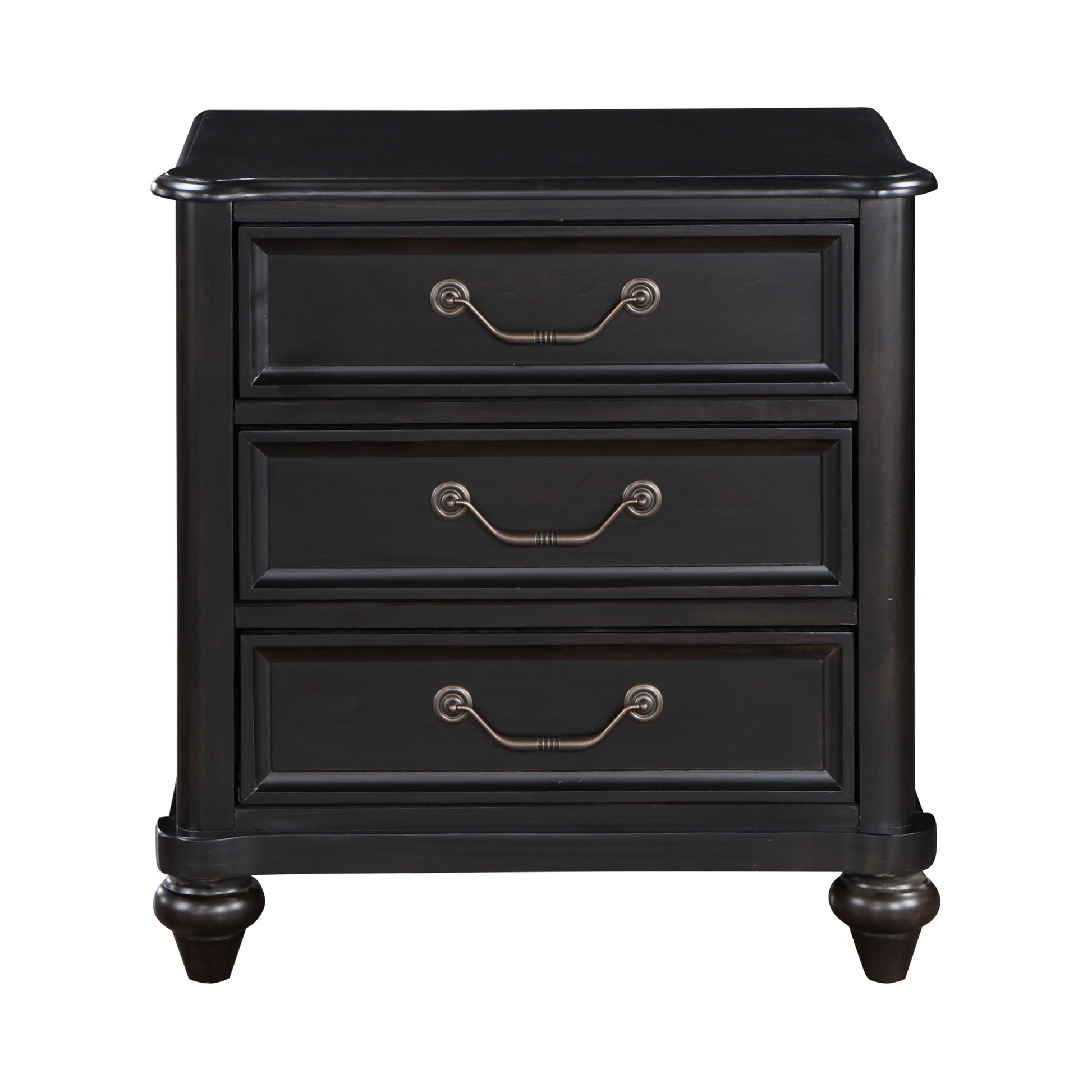 Elegant black wood nightstand with three drawers and antique brass pulls