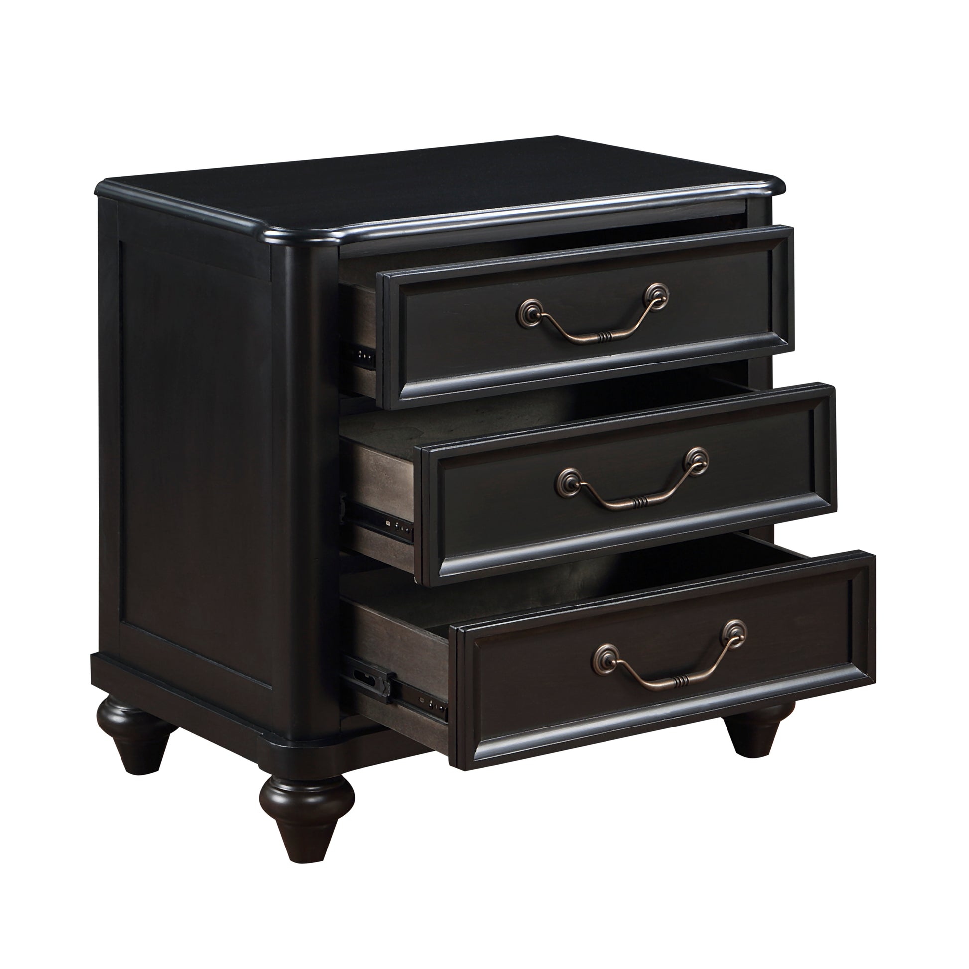 Dark wood bedside table with three drawers and antique bronze pulls