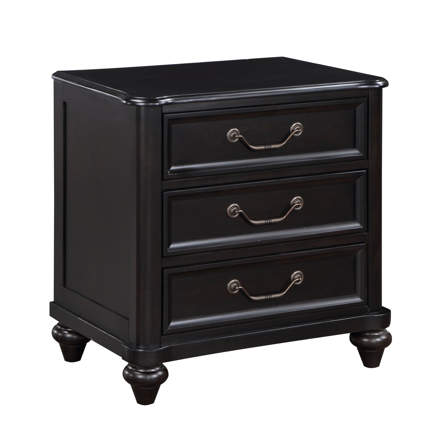 Elegant black threedrawer nightstand with antique brass pulls and turned legs