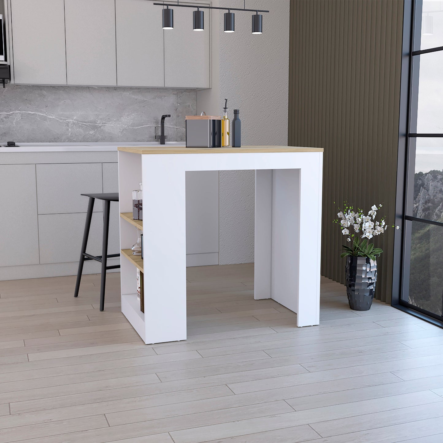 White and wood breakfast bar table with open shelving
