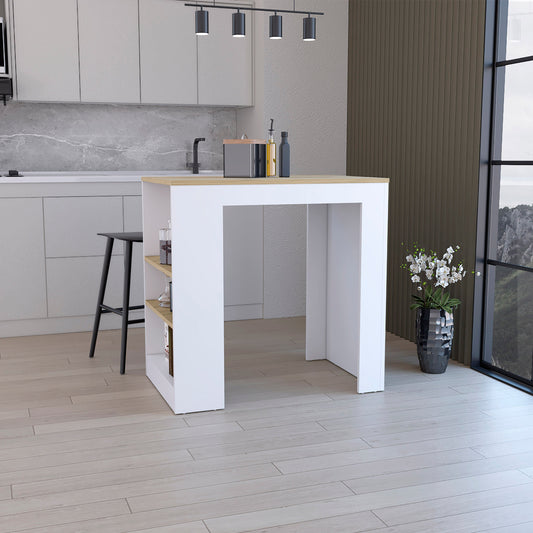 White and wood breakfast bar table with open shelving