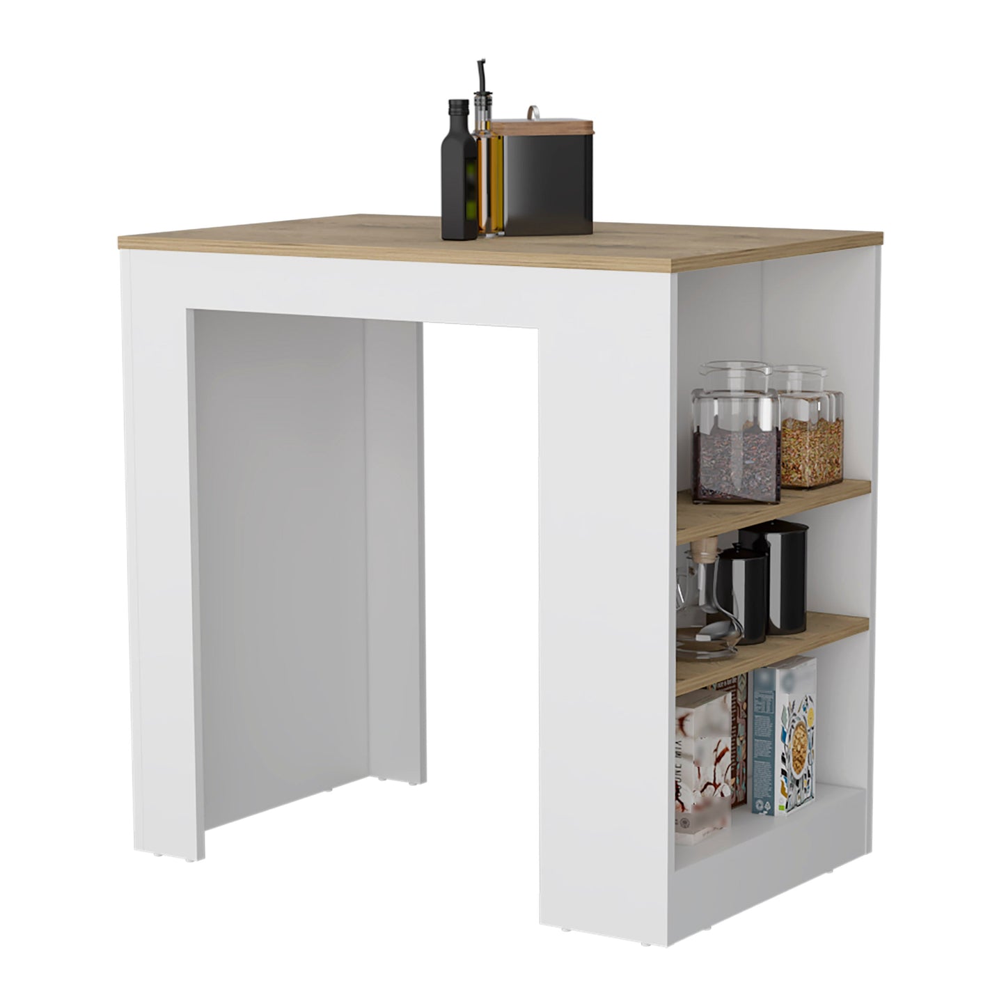 Modern white bar cabinet with wood top and open shelving