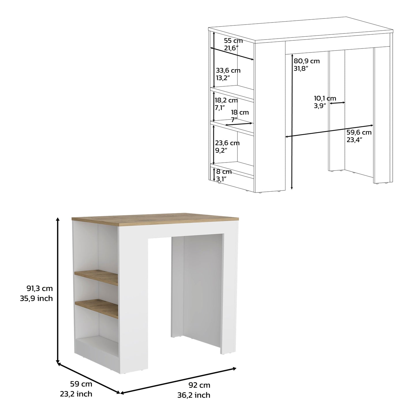 White bar table with oak effect top and three shelves