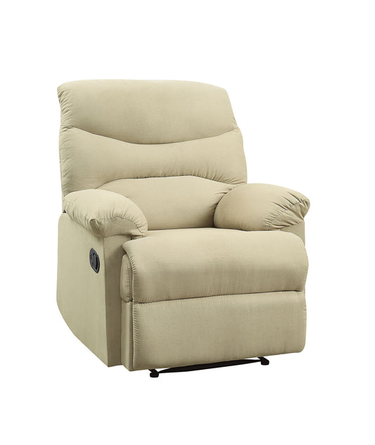 Comfortable tan recliner chair with padded armrests and a lever for easy reclining