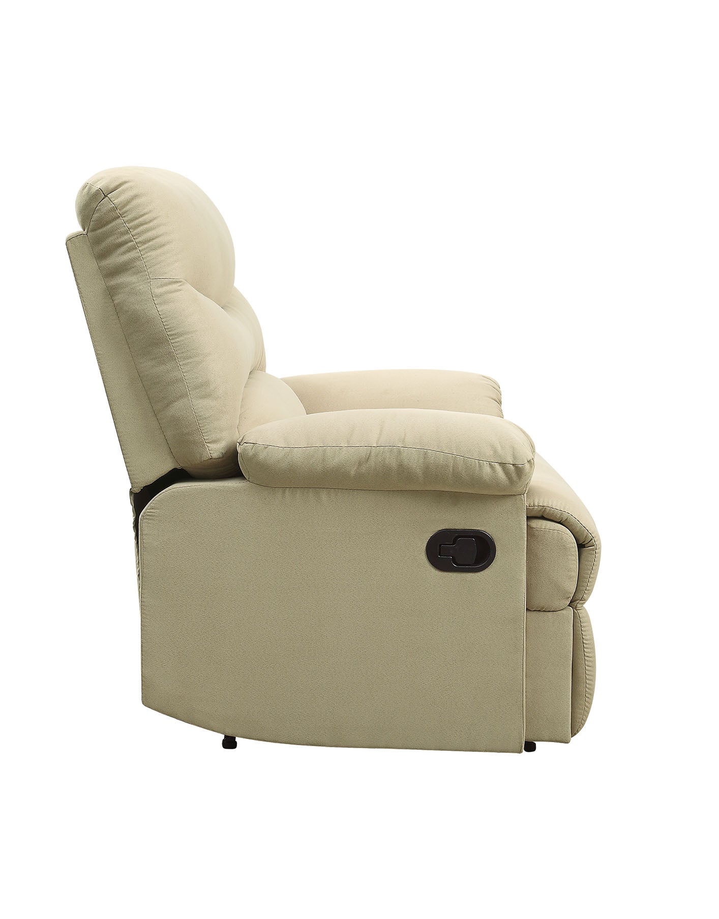 Beige fabric recliner chair with padded headrest and armrests side lever for reclining