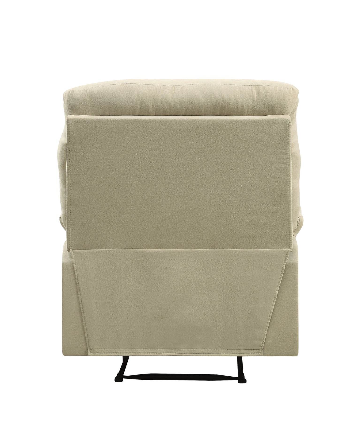 Beige upholstered recliner chair seen from the back with a metal base