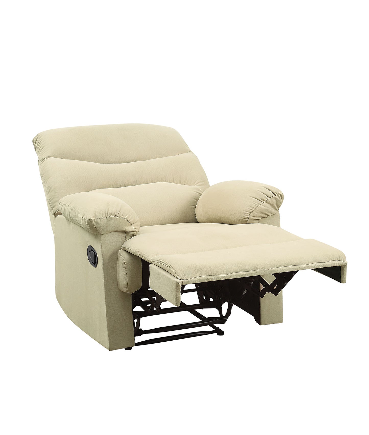 Comfortable beige recliner chair with extended footrest and padded arms
