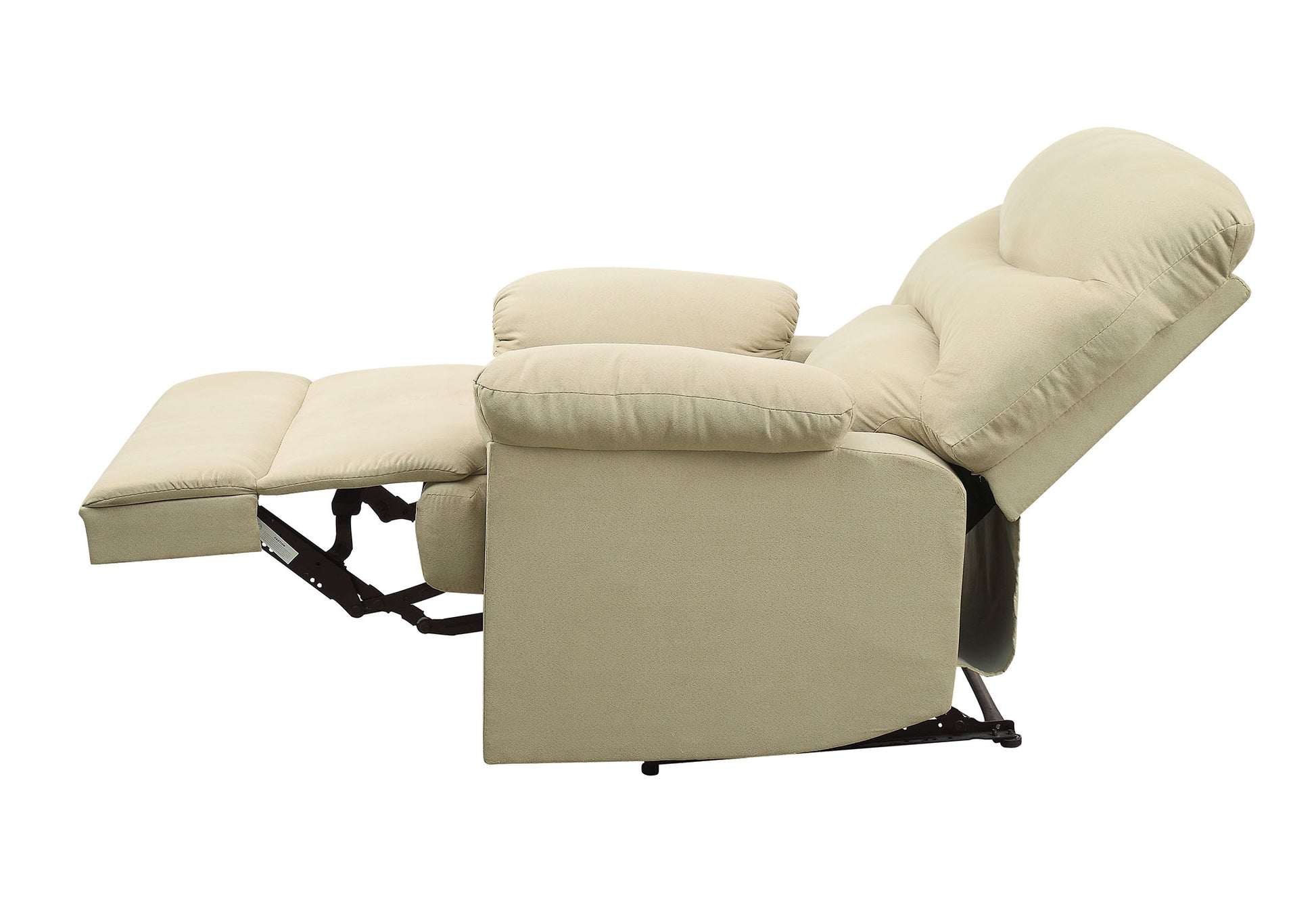 Beige fabric recliner chair with extended footrest and reclining back for ultimate comfort