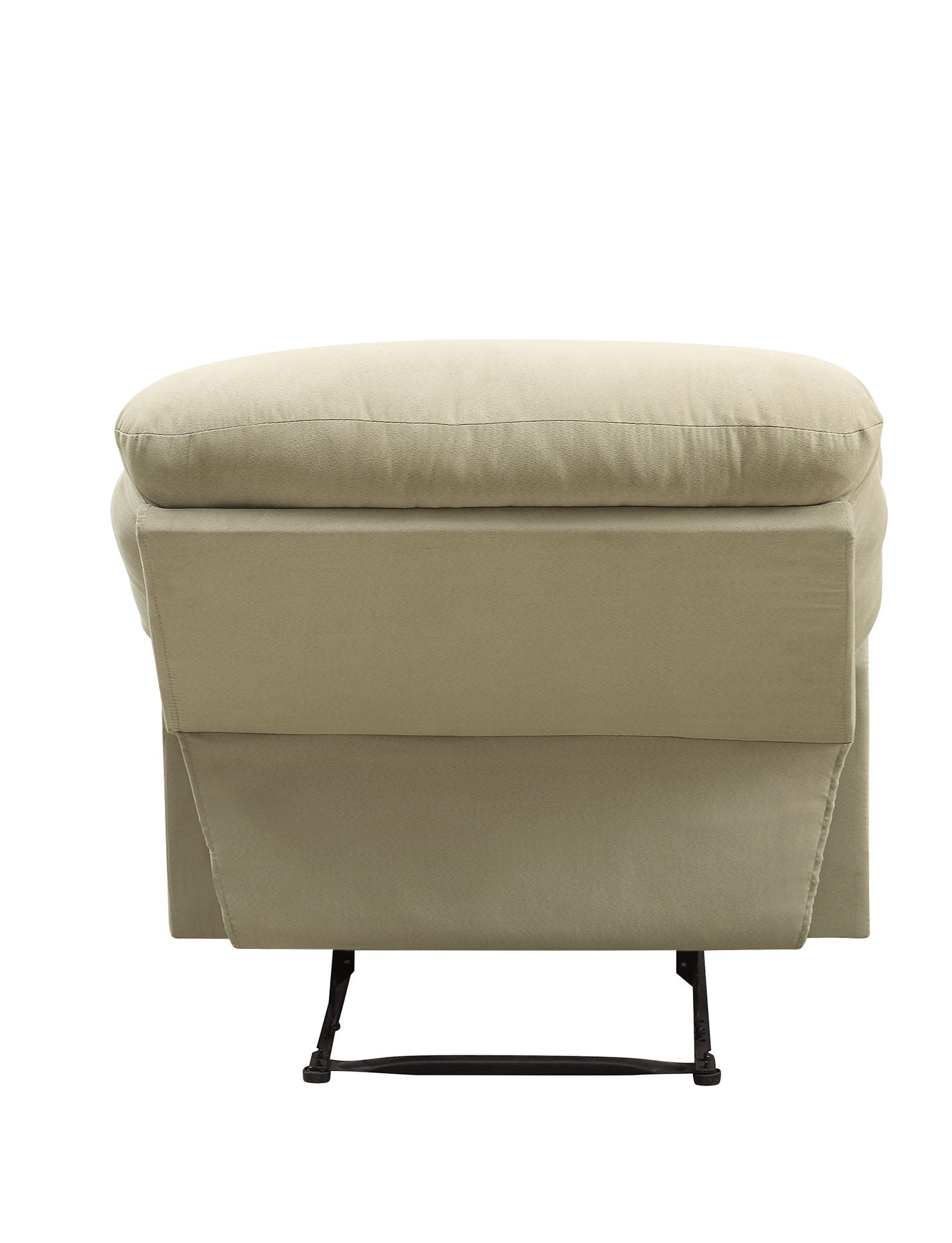 Tan fabric recliner chair viewed from the back with metal base