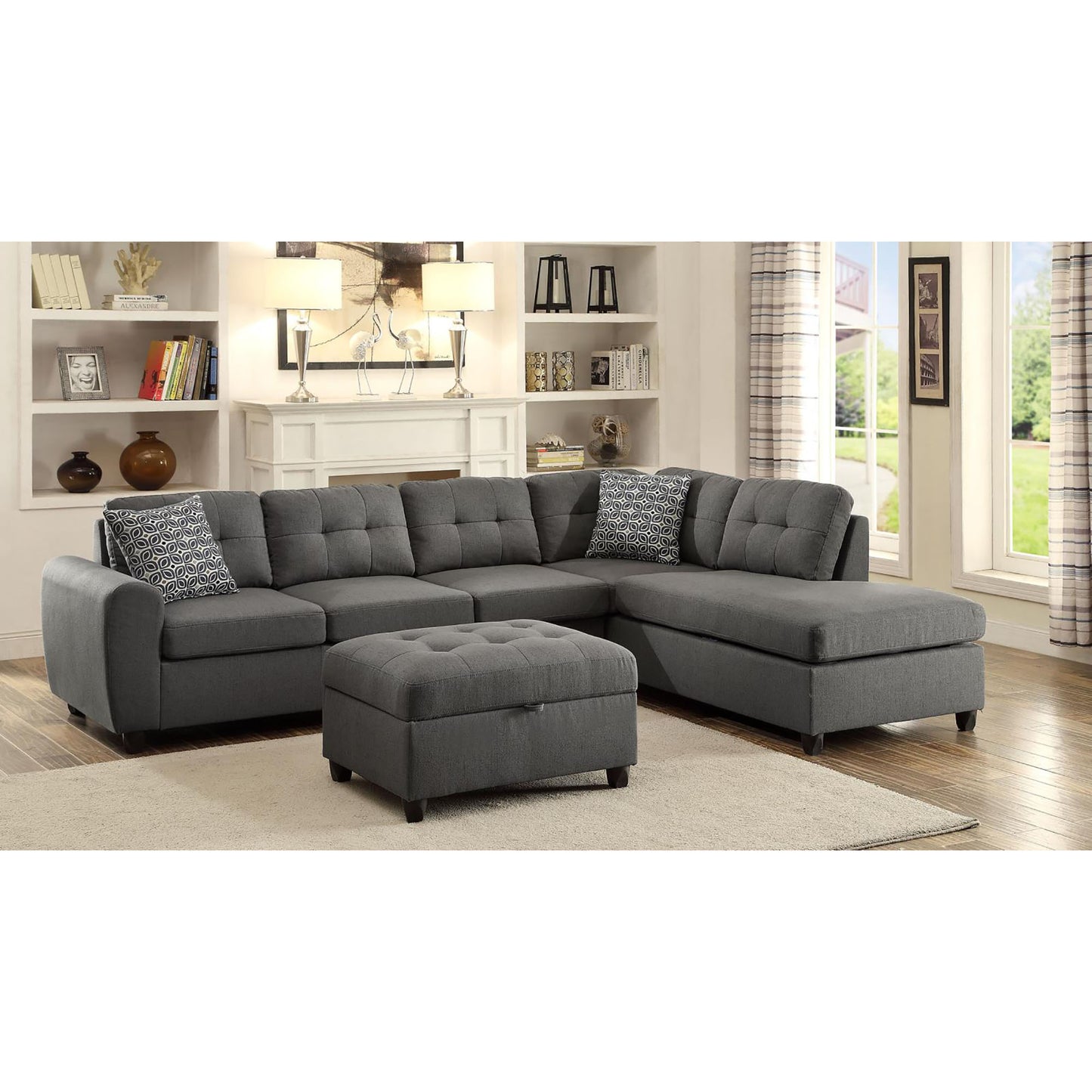 Dark gray fabric sectional sofa with tufted cushions and matching ottoman for living room comfort