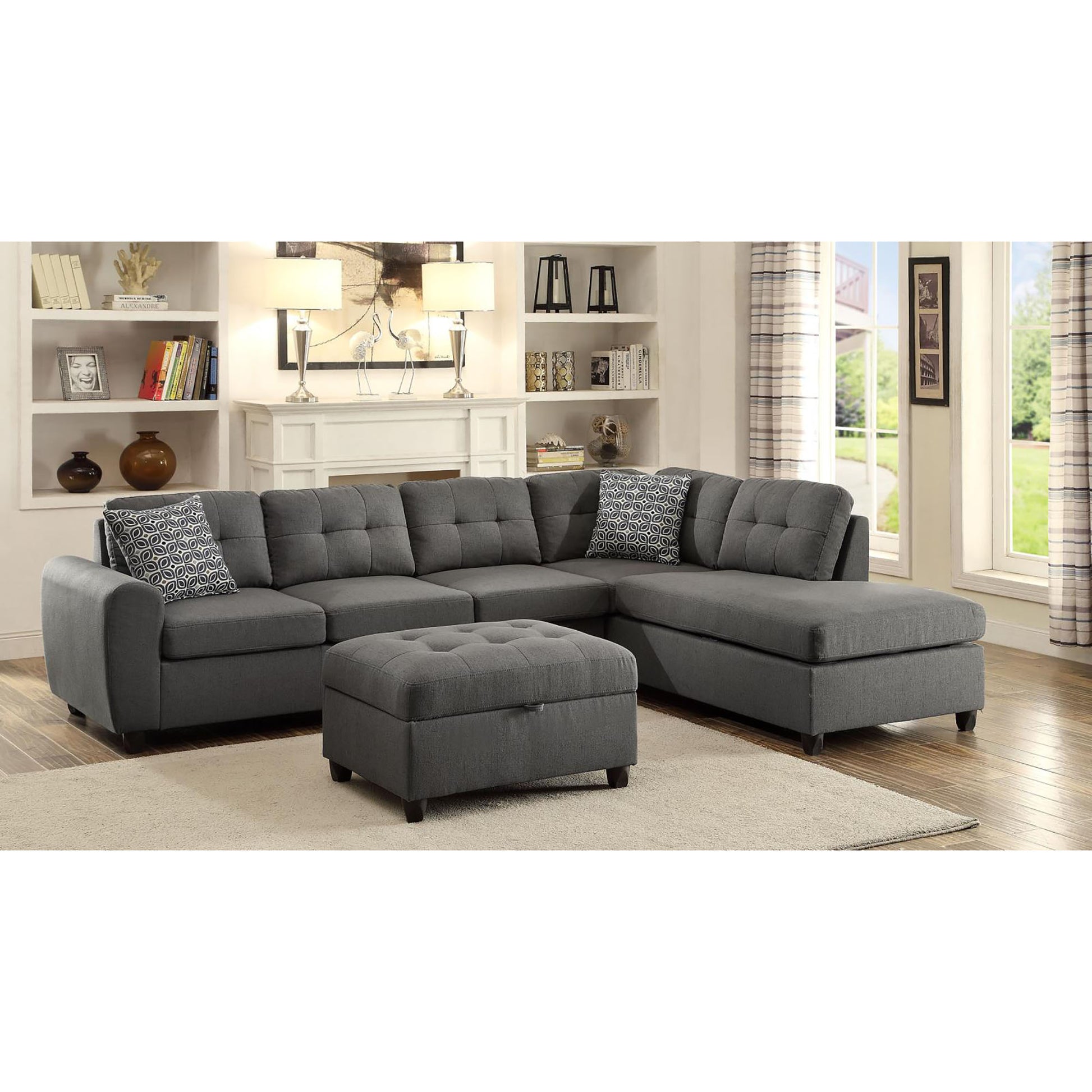 Dark gray fabric sectional sofa with tufted cushions and matching ottoman for living room comfort