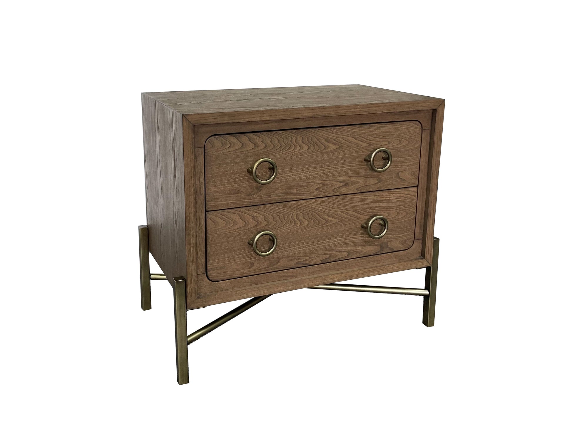 Midcentury modern walnut nightstand with two drawers and brass ring pulls